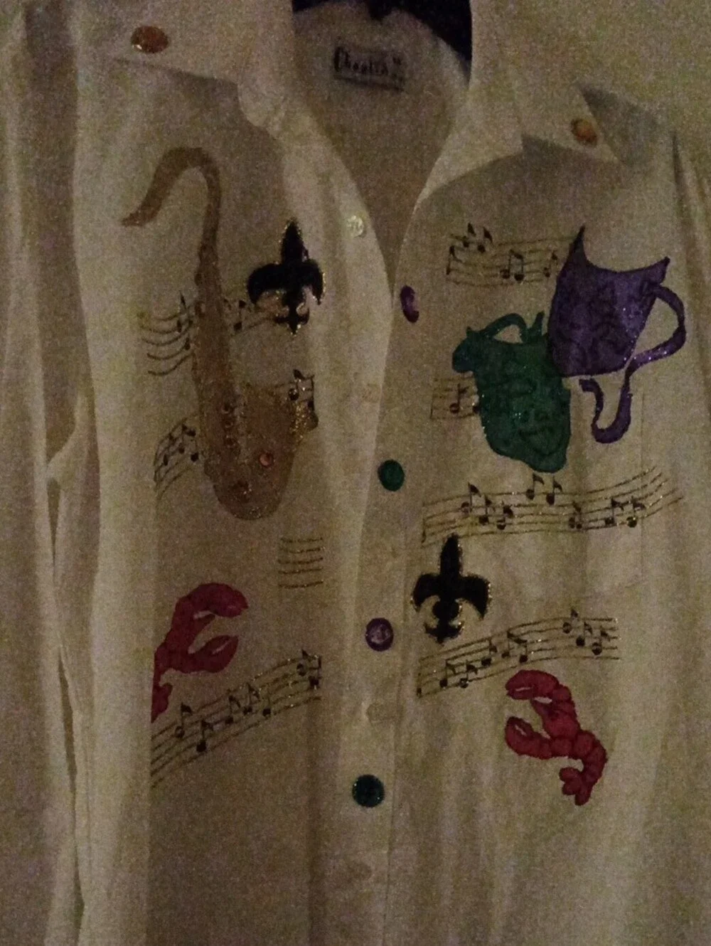 Hand-Painted White Men’s Ladies Button-Up Shirt with Musical & Mardi Gras Motifs